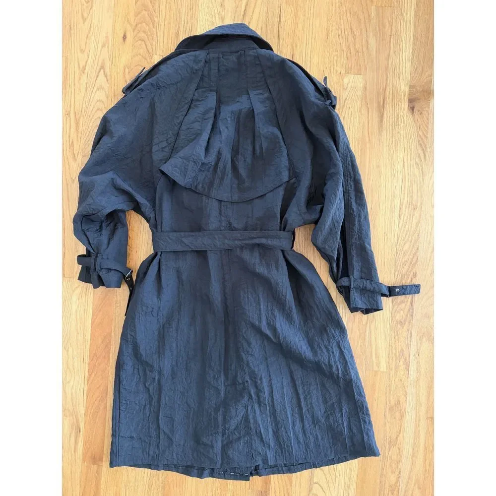 Vintage Concept Women's Black Crinkled Double-Breasted Trench Coat - Size 11
